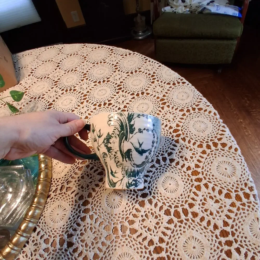 Anthropologie mug unicorn birds cream green coffee tea